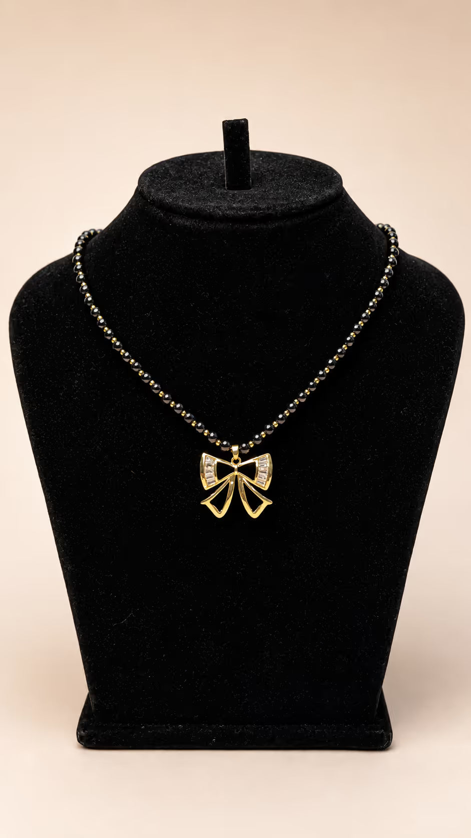 Gold Bow Pendant Black Bead Necklace - View 1 - Shop Aizel