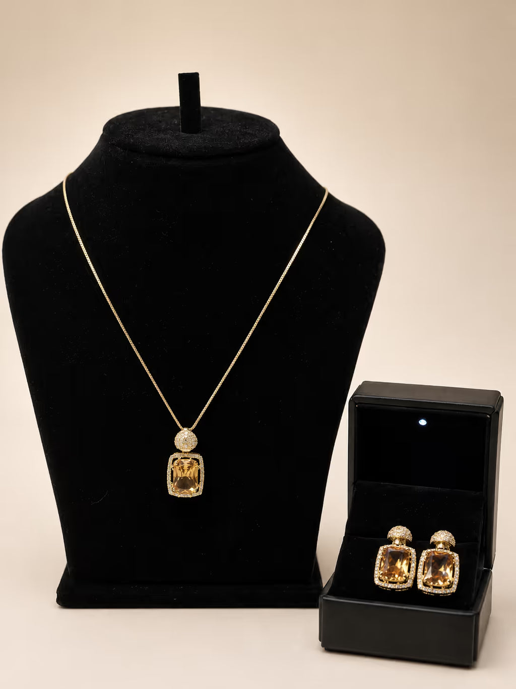 Champagne Citrine Cushion Pendant Necklace & Earring Set - View 1 - Shop Aizel