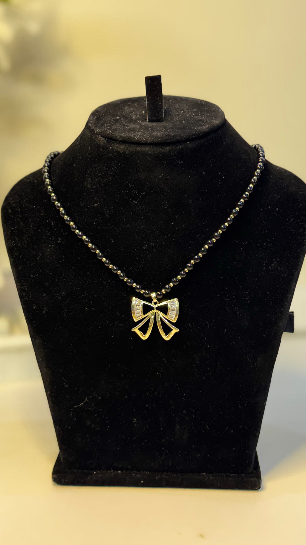 Gold Bow Pendant Black Bead Necklace - Original 1 - Shop Aizel