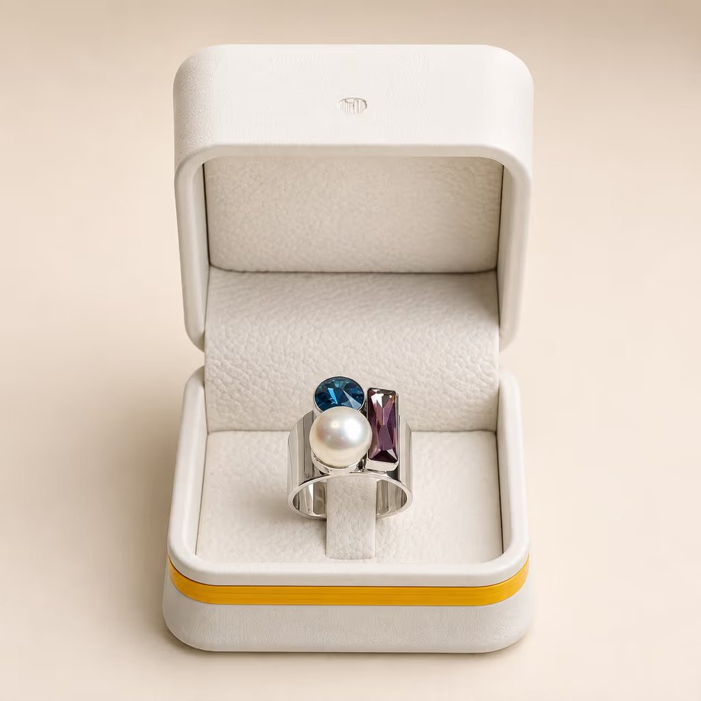 Pearl, Blue Topaz & Amethyst Silver Statement Ring - View 1 - Shop Aizel