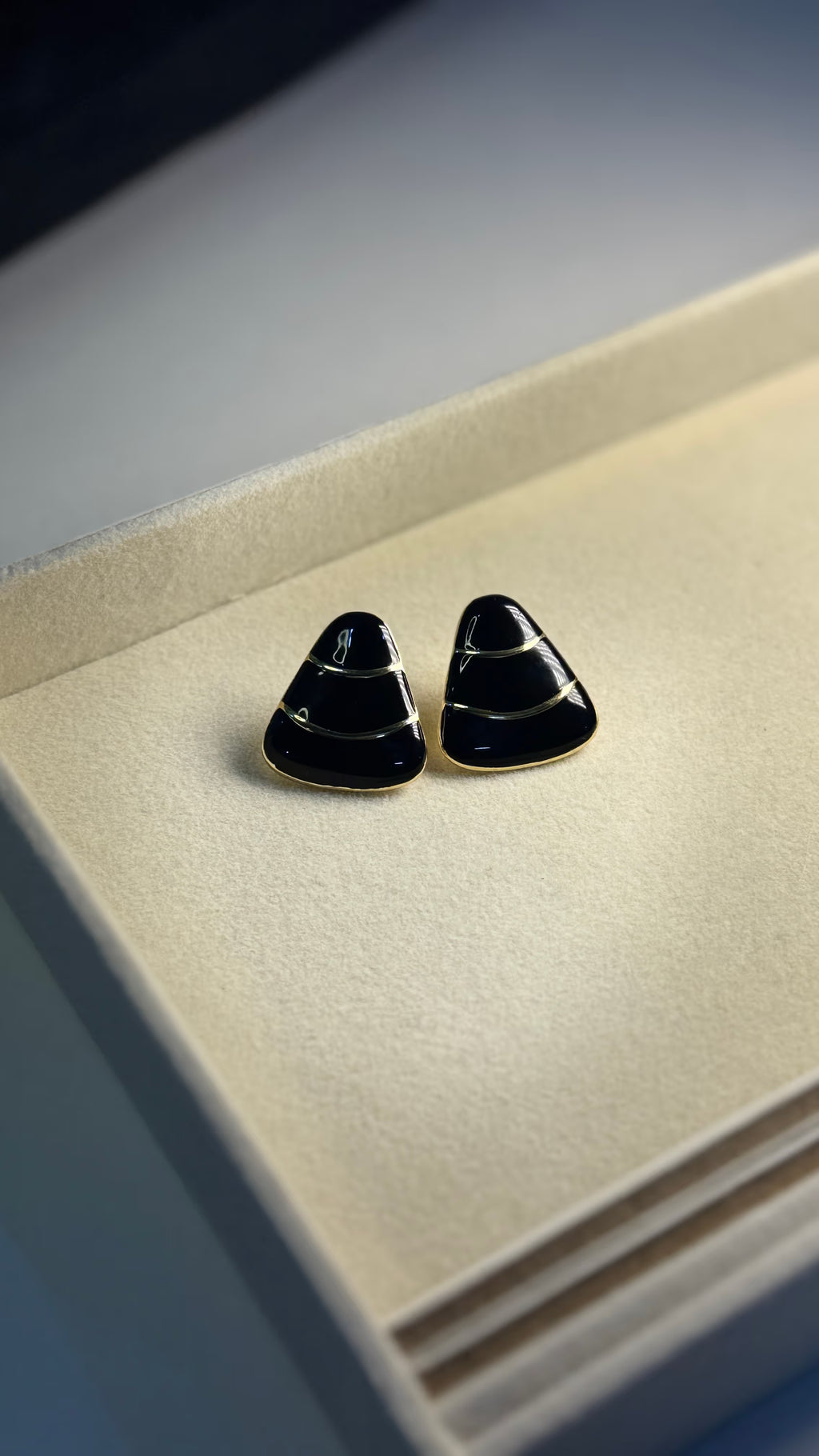 Black Enamel Gold Trim Stud Earrings - View 5 - Shop Aizel