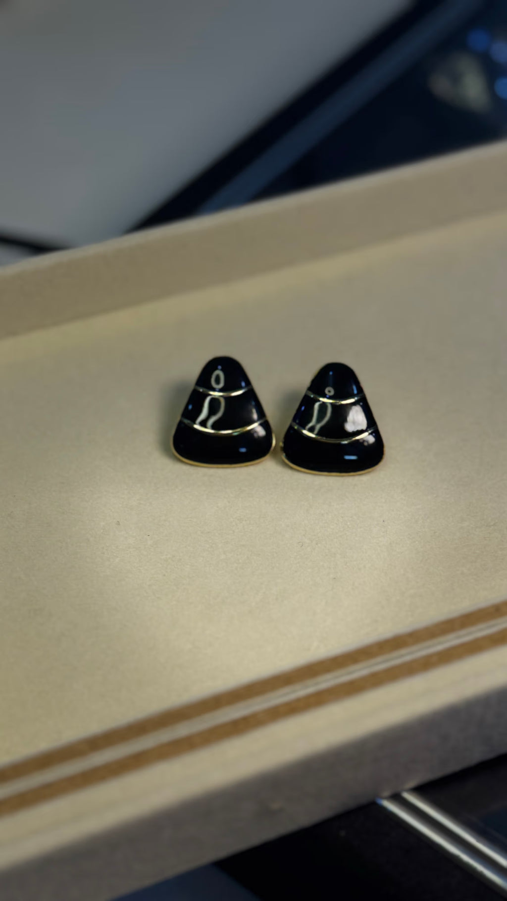 Black Enamel Gold Trim Stud Earrings - View 6 - Shop Aizel