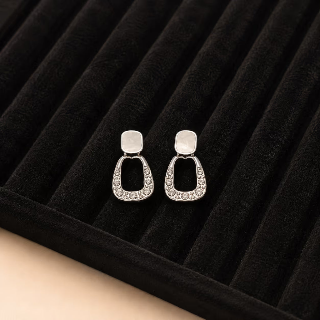 Silver Mother of Pearl & Crystal Geometric Earrings - View 2 - Shop Aizel