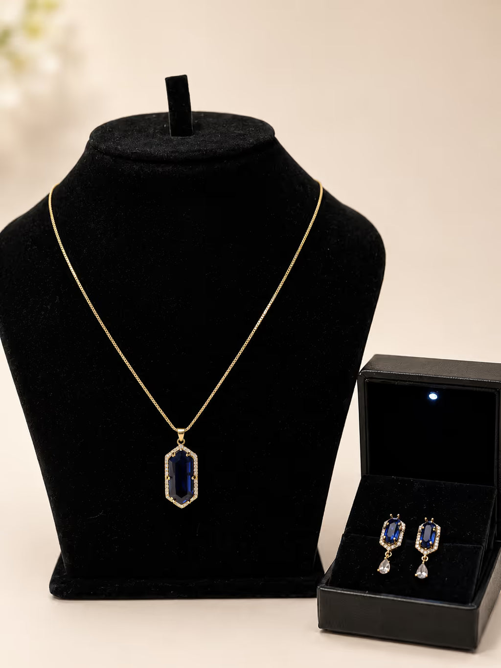 Blue Sapphire Hexagon Pendant Necklace & Earring Set - View 1 - Shop Aizel