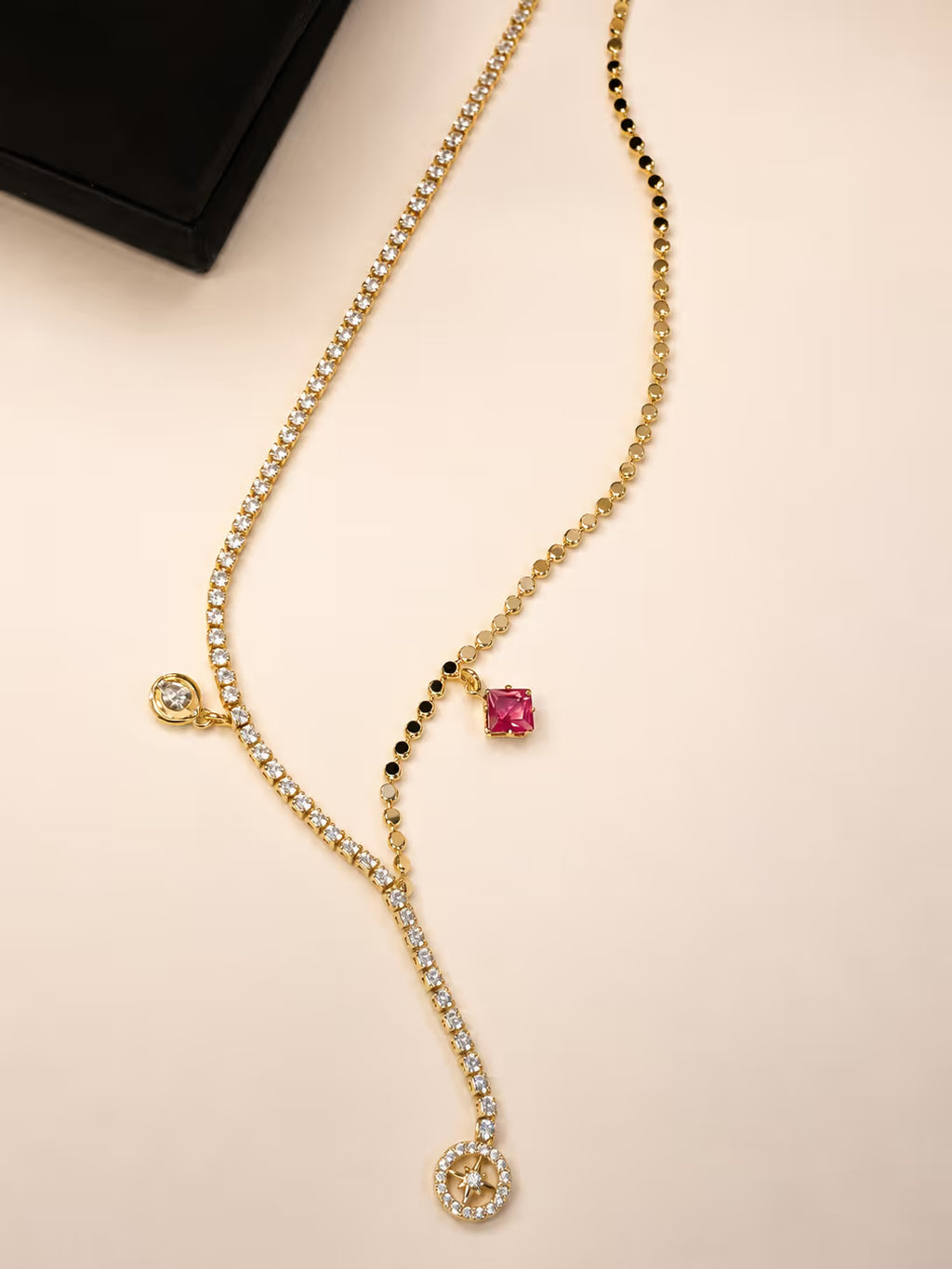 Asymmetric CZ Tennis & Charm Lariat Necklace - View 1 - Shop Aizel