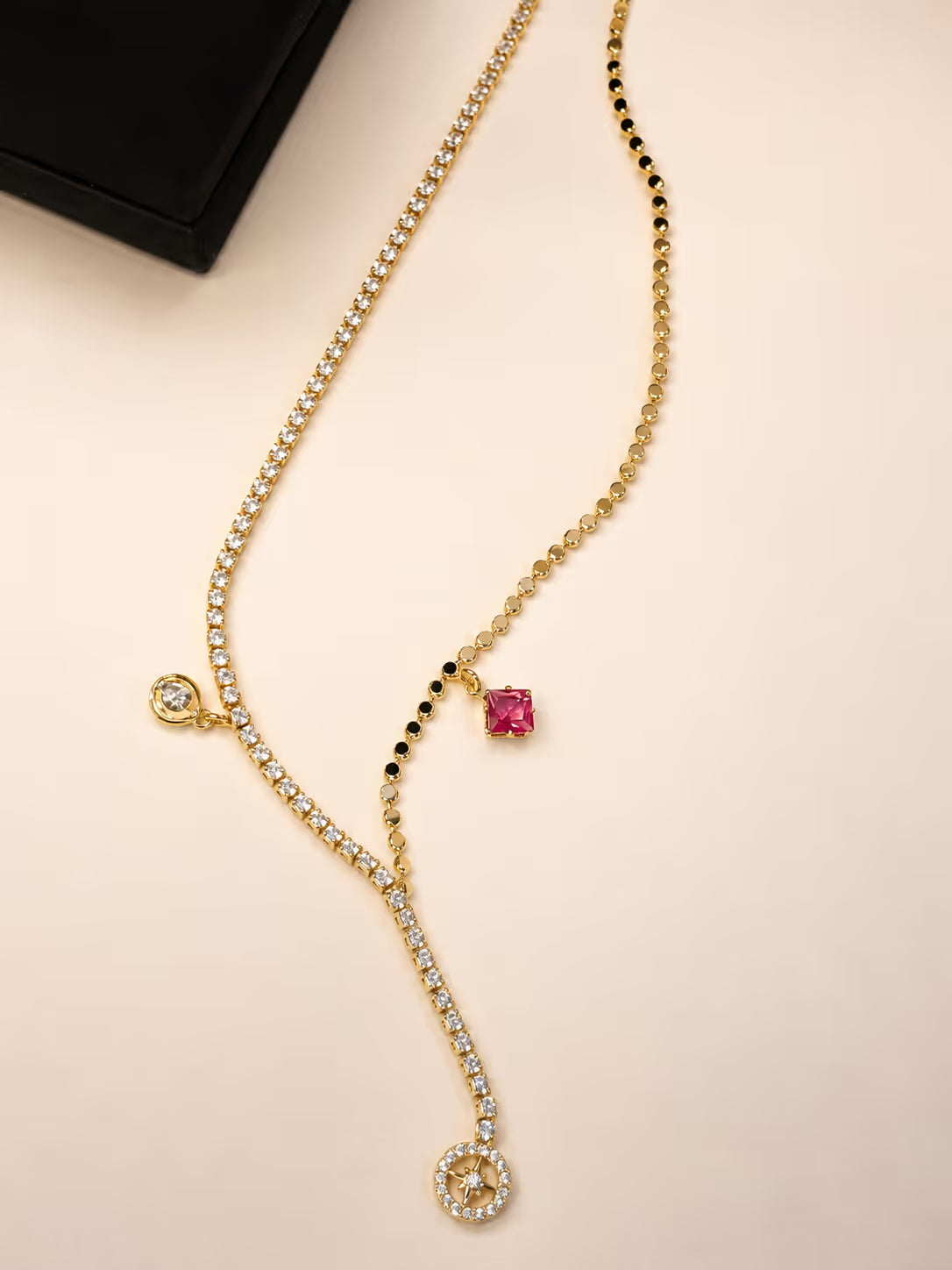 Asymmetric CZ Tennis & Charm Lariat Necklace - View 1 - Shop Aizel