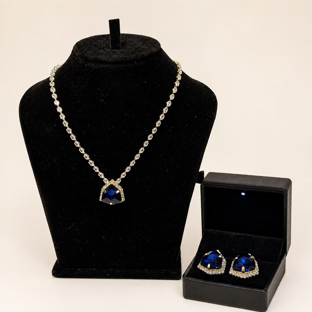 Blue Sapphire Trillion Pendant Necklace & Earring Set - View 1 - Shop Aizel
