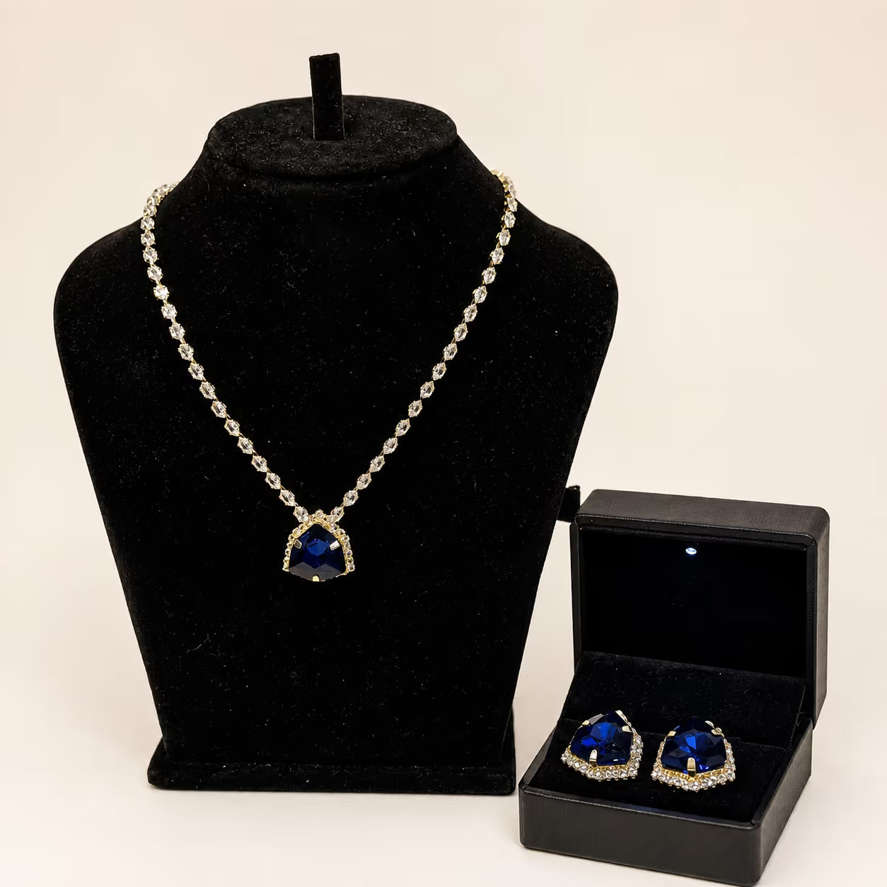 Blue Sapphire Trillion Pendant Necklace & Earring Set - View 1 - Shop Aizel
