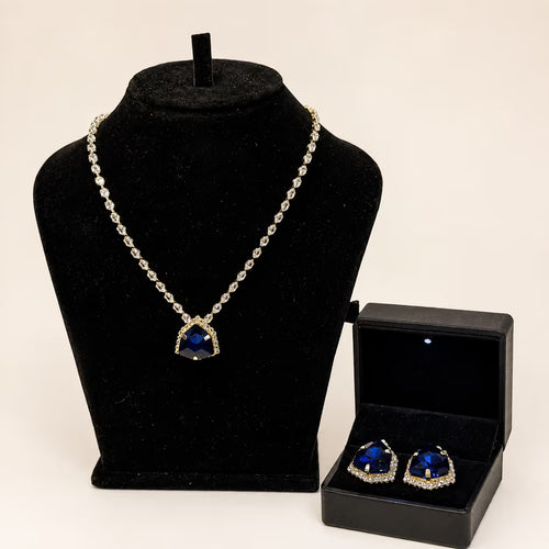Blue Sapphire Trillion Pendant Necklace & Earring Set - View 1 - Shop Aizel