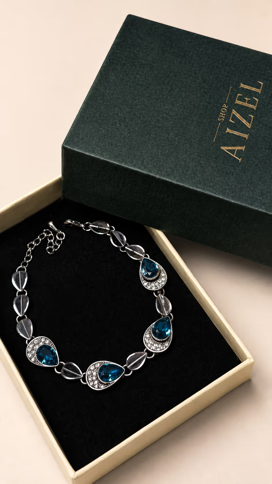 Silver Blue Sapphire Teardrop Statement Bracelet - View 1 - Shop Aizel