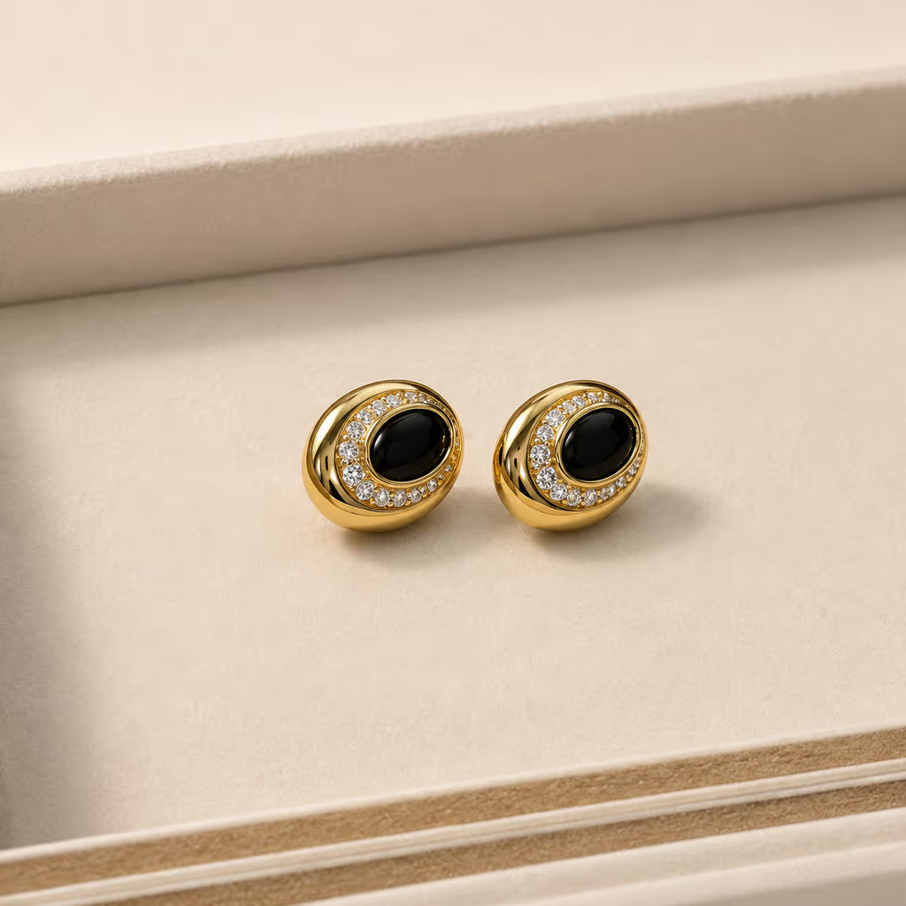 Black Onyx and Crystal Gold Stud Earrings - View 1 - Shop Aizel