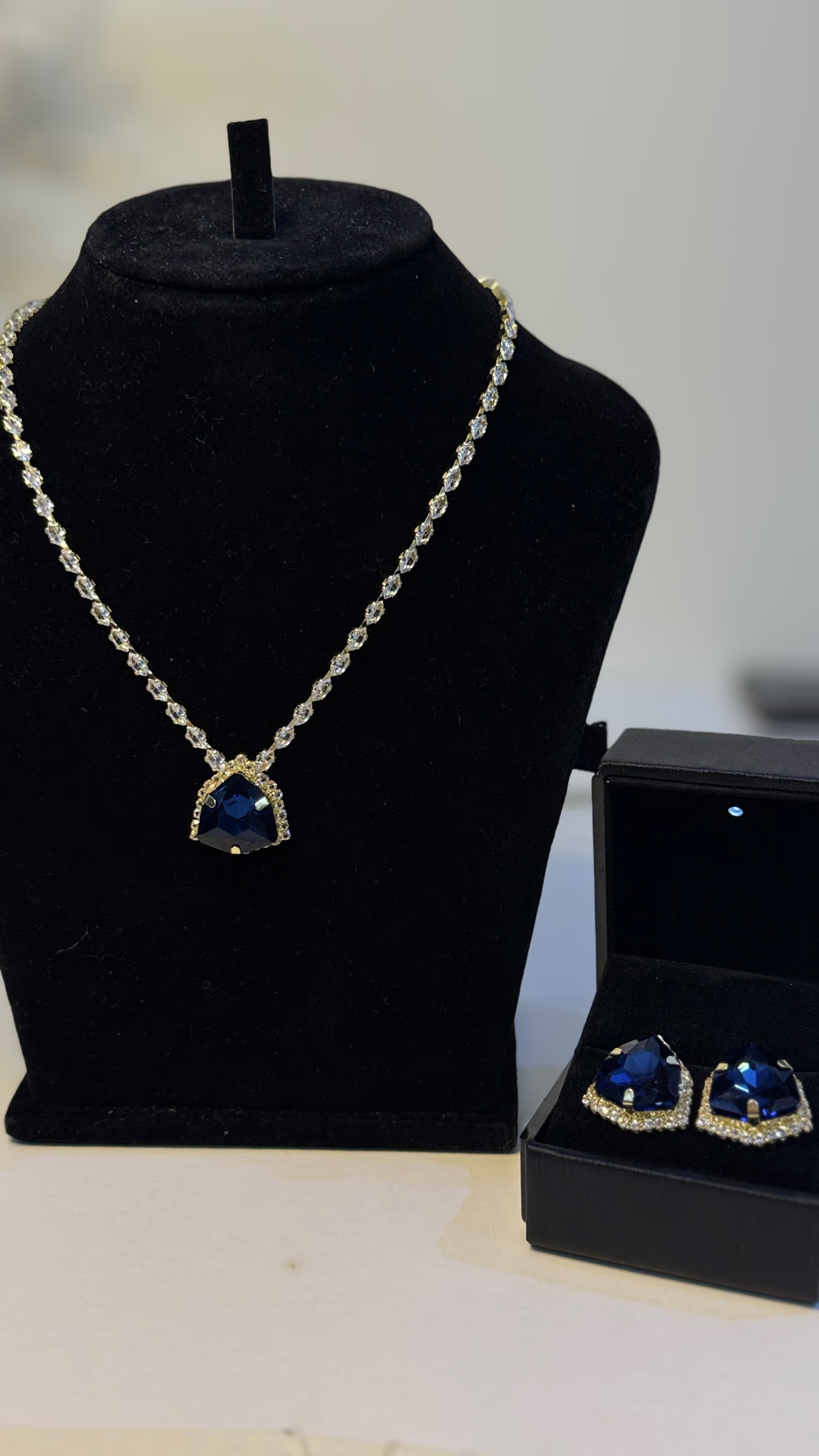 Blue Sapphire Trillion Pendant Necklace & Earring Set - View 2 - Shop Aizel