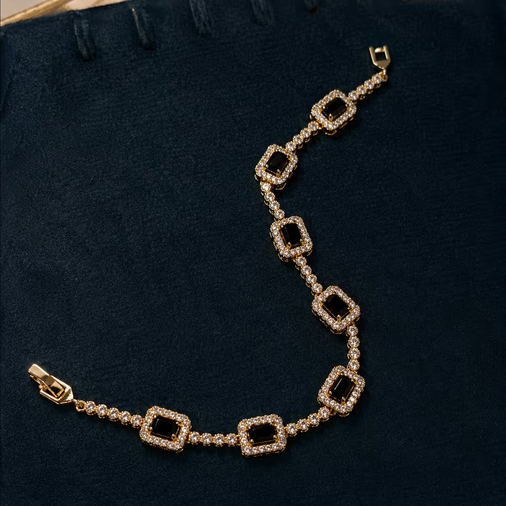 Gold-Tone Black Onyx & Crystal Link Bracelet - View 4 - Shop Aizel