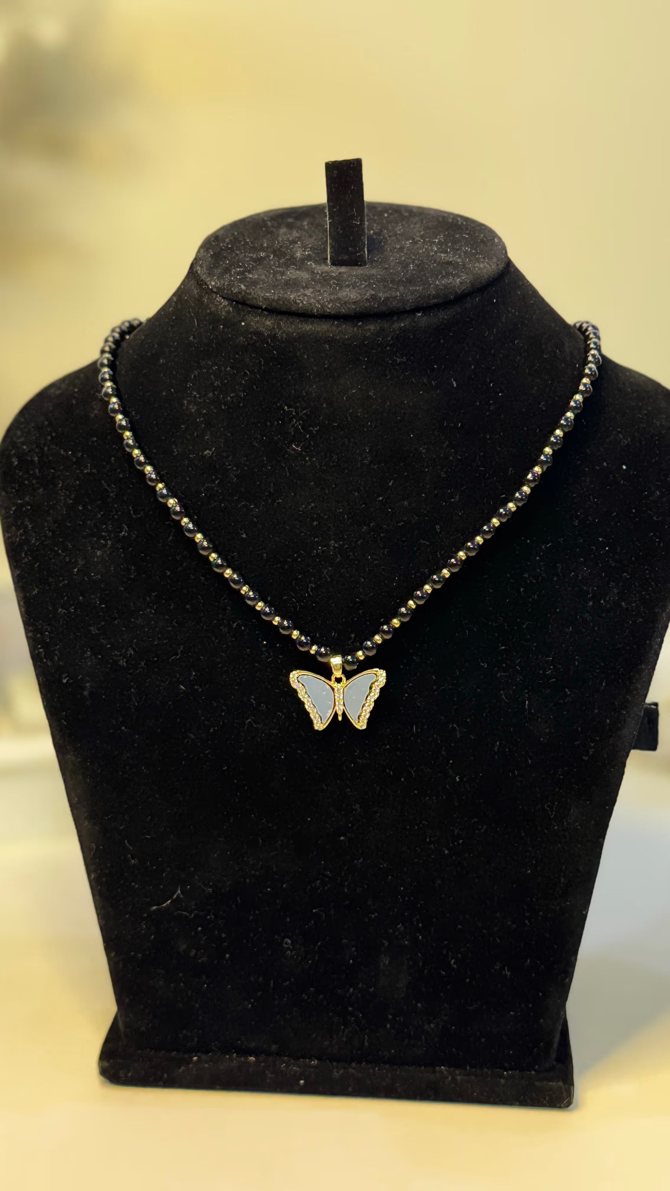 Black Crystal Bead Butterfly Pendant Necklace - Original 1 - Shop Aizel