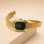 Aimé Quartz Ladies Watch — Gold Cushion Case with Black Dial - Shop Aizel