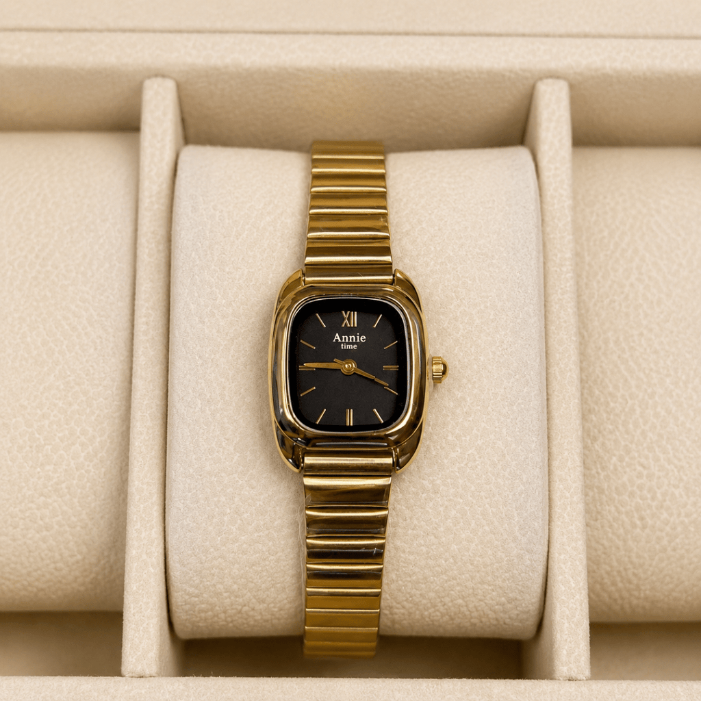 Aimé Quartz Ladies Watch — Gold Cushion Case with Black Dial - Shop Aizel