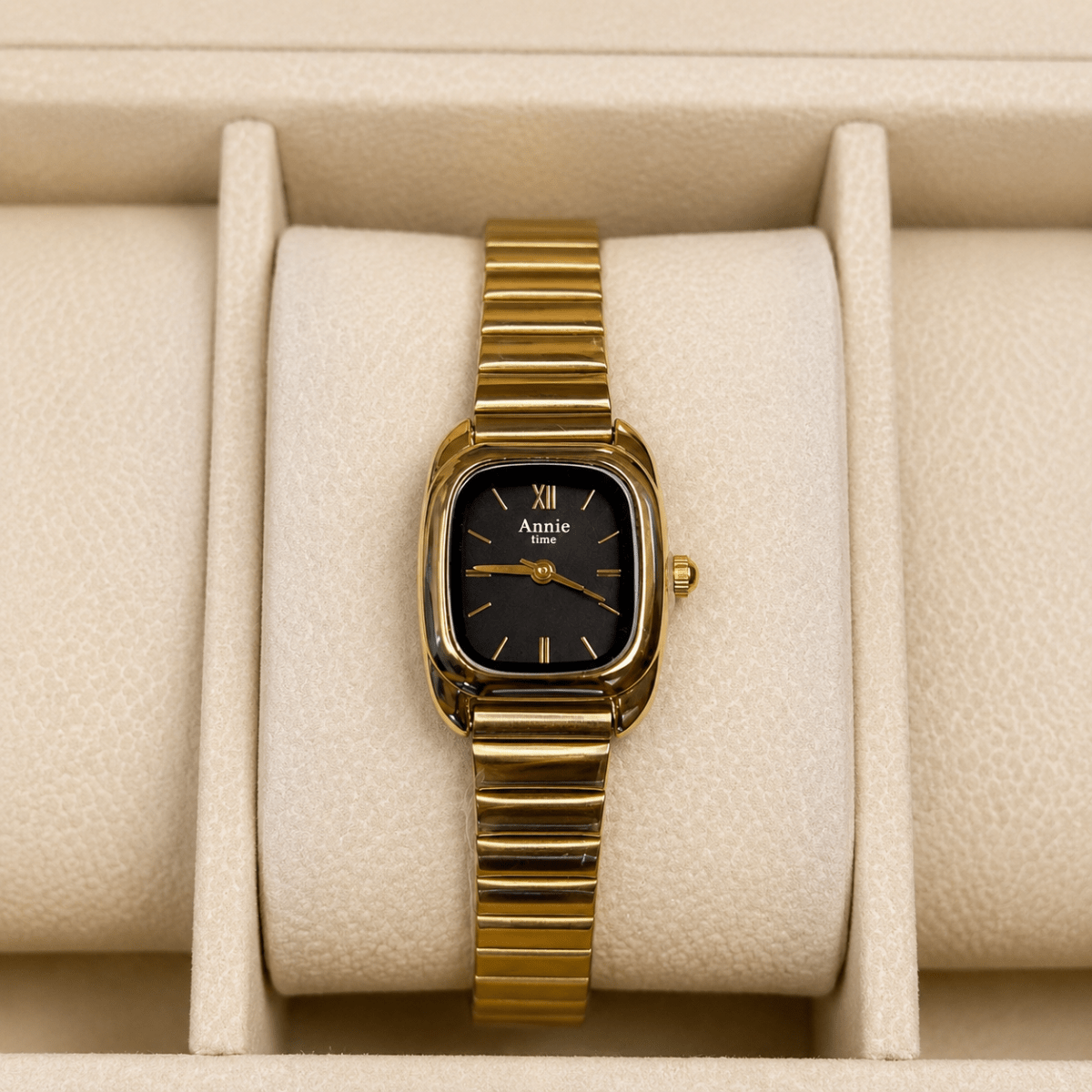 Aimé Quartz Ladies Watch — Gold Cushion Case with Black Dial - Shop Aizel