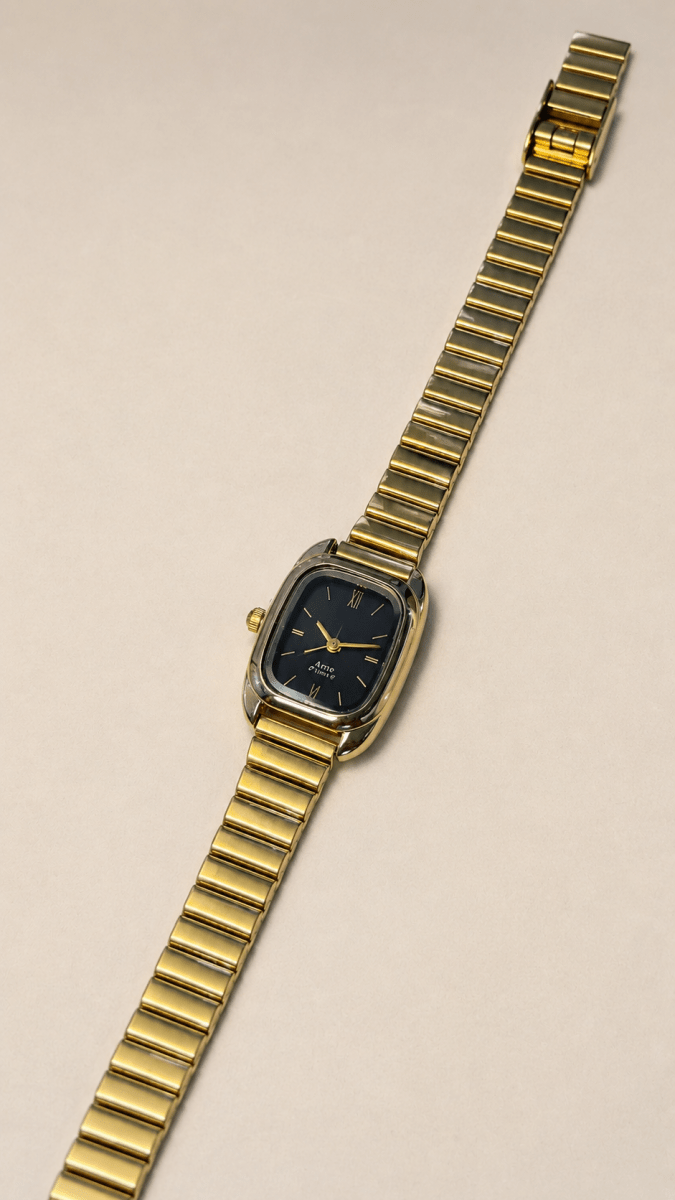 Aimé Quartz Ladies Watch — Gold Cushion Case with Black Dial - Shop Aizel
