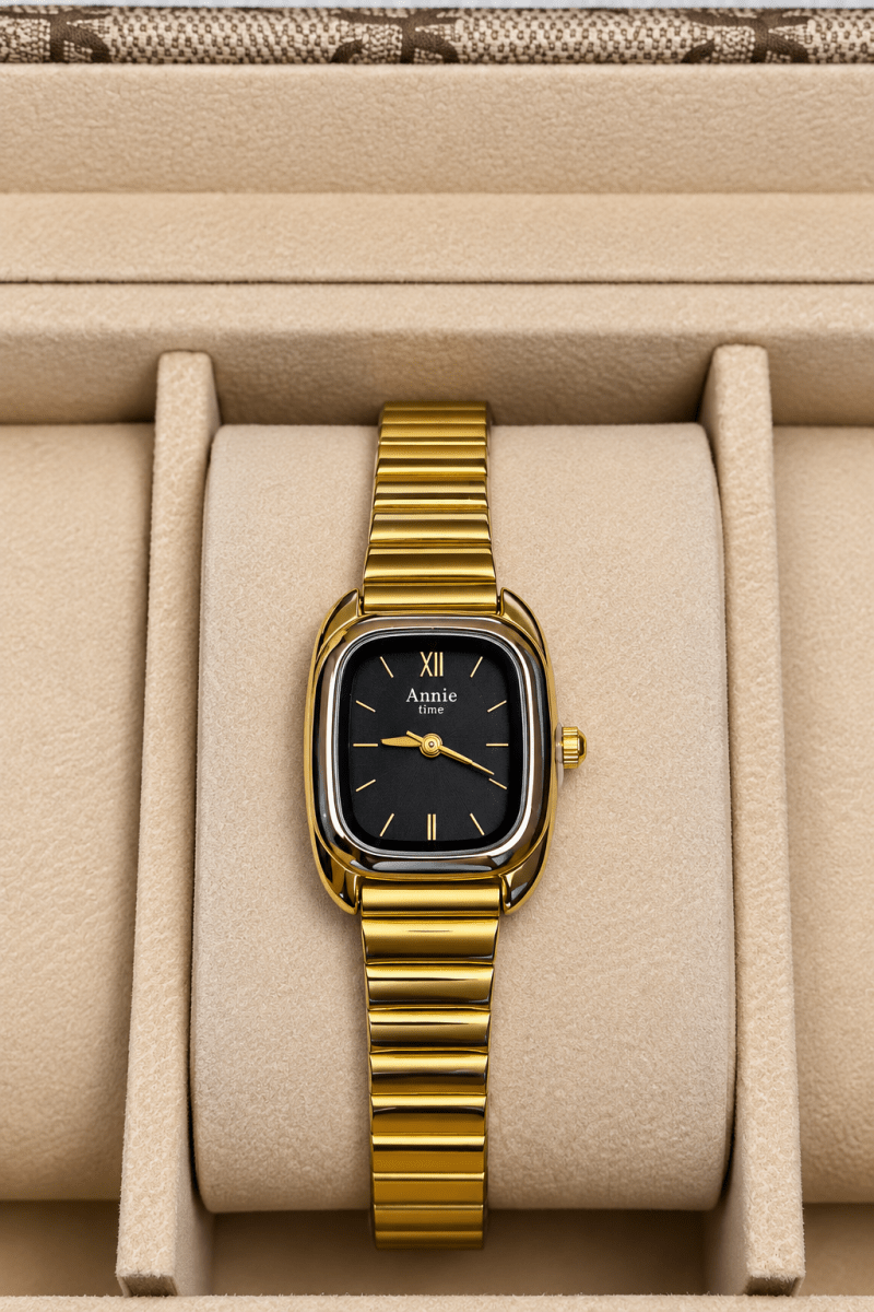 Aimé Quartz Ladies Watch — Gold Cushion Case with Black Dial - Shop Aizel