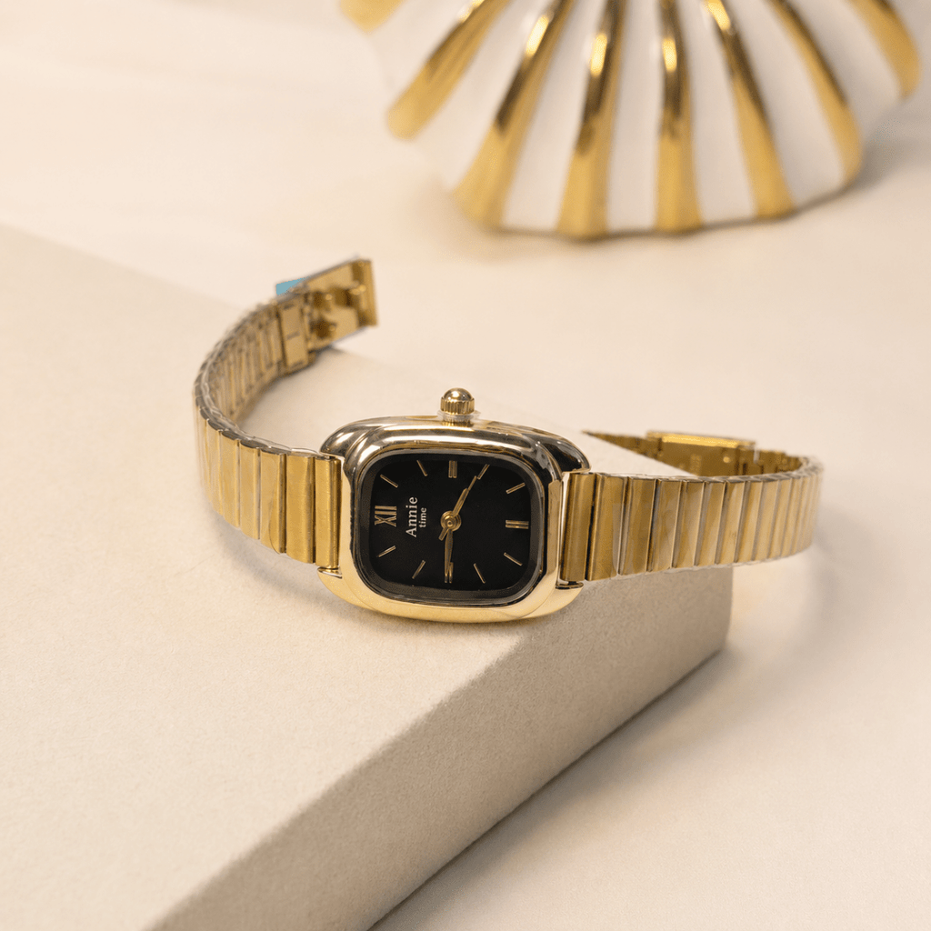Aimé Quartz Ladies Watch — Gold Cushion Case with Black Dial - Shop Aizel