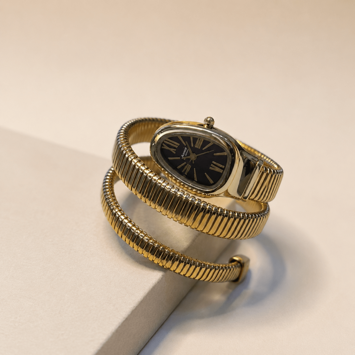 Annie Snake Coil Wrap Watch — Gold Tubogas Bangle with Black Dial - Shop Aizel