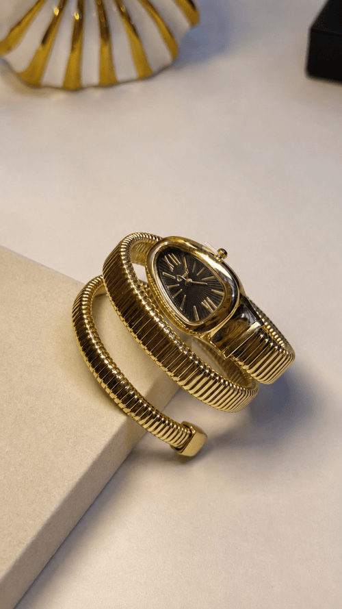 Annie Snake Coil Wrap Watch — Gold Tubogas Bangle with Black Dial - Shop Aizel