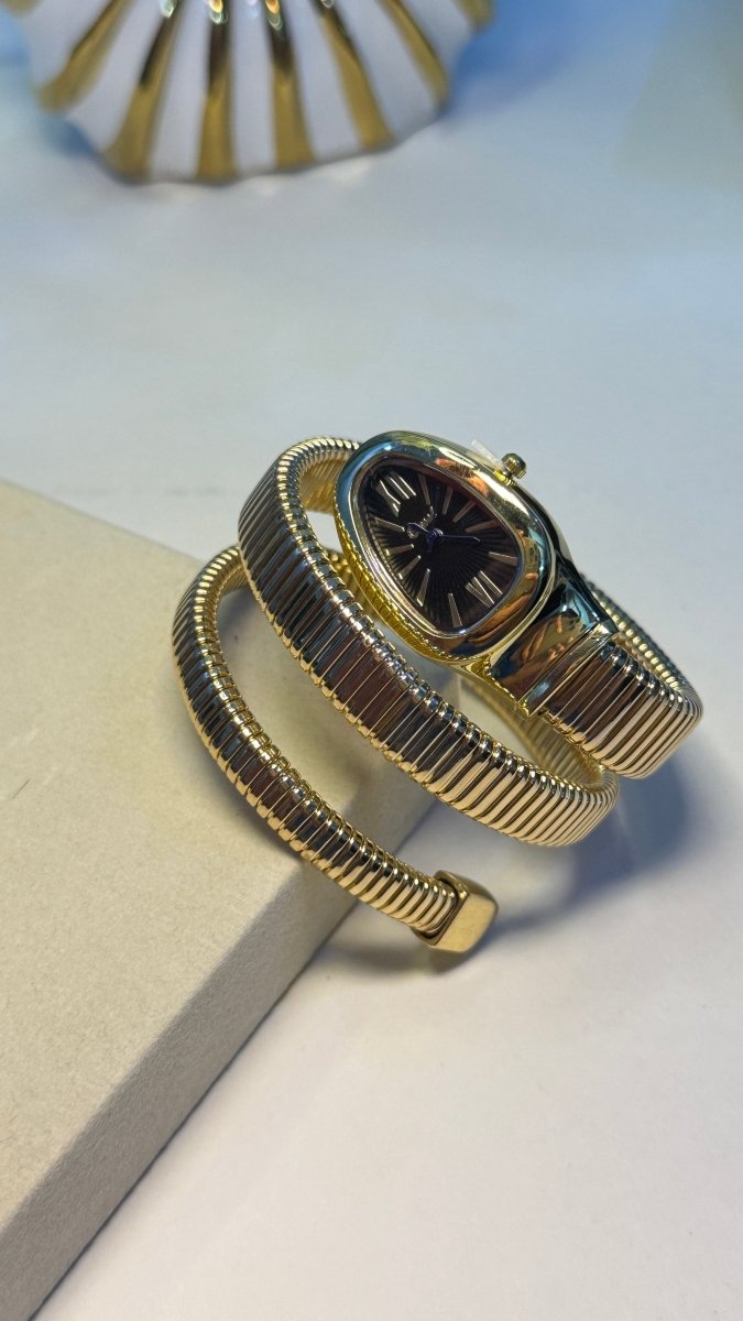 Annie Snake Coil Wrap Watch — Gold Tubogas Bangle with Black Dial - Shop Aizel