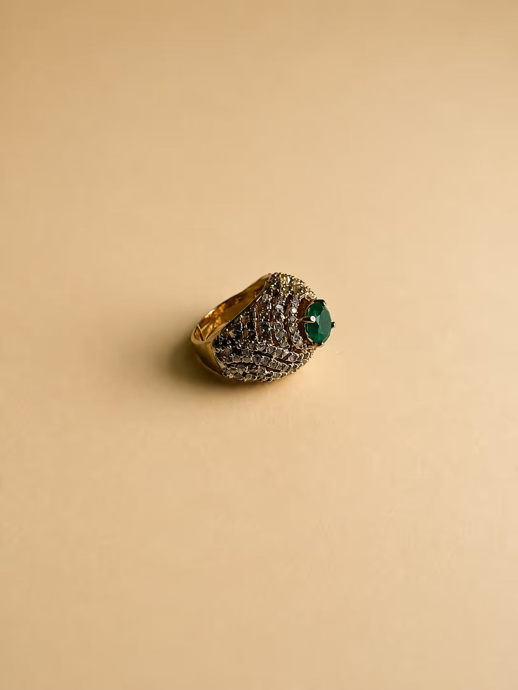 Gold-Tone Pavé Ring with Green Stone