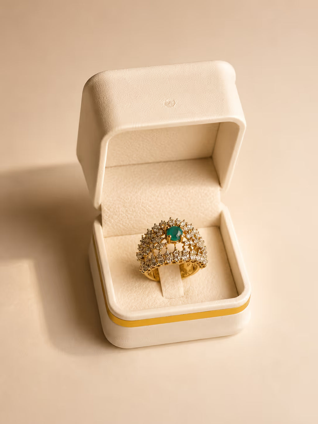 Gold-Tone Lattice Ring with Green Accent Stone
