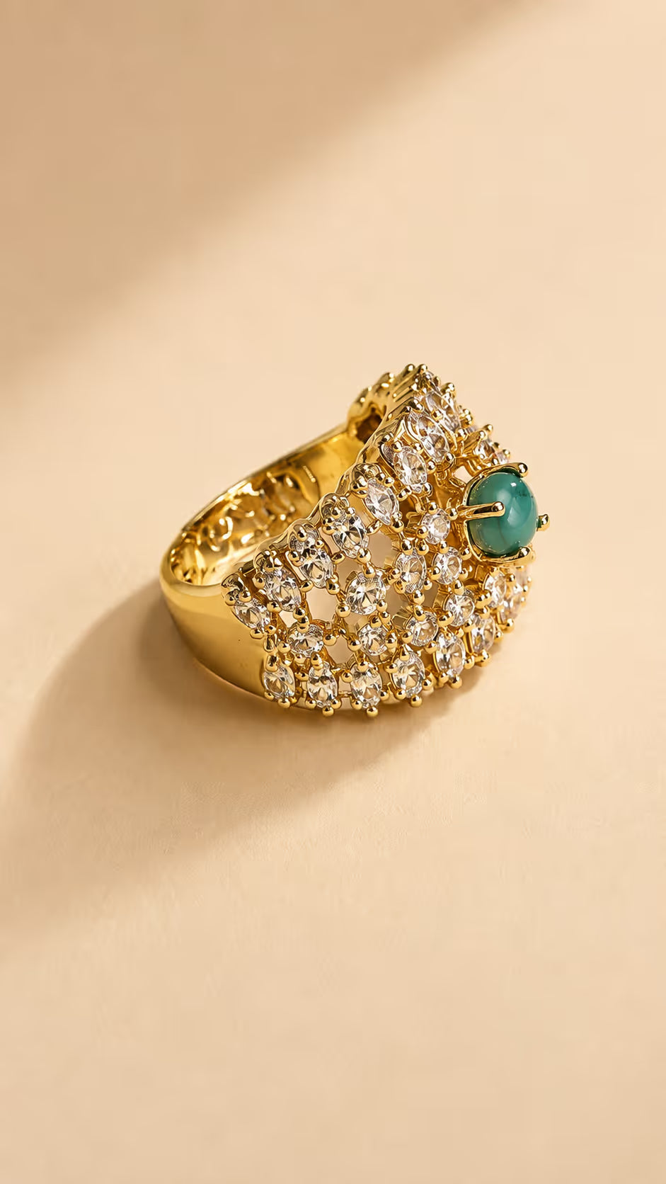 Gold-Tone Lattice Ring with Green Accent Stone