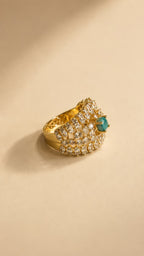 Gold-Tone Lattice Ring with Green Accent Stone