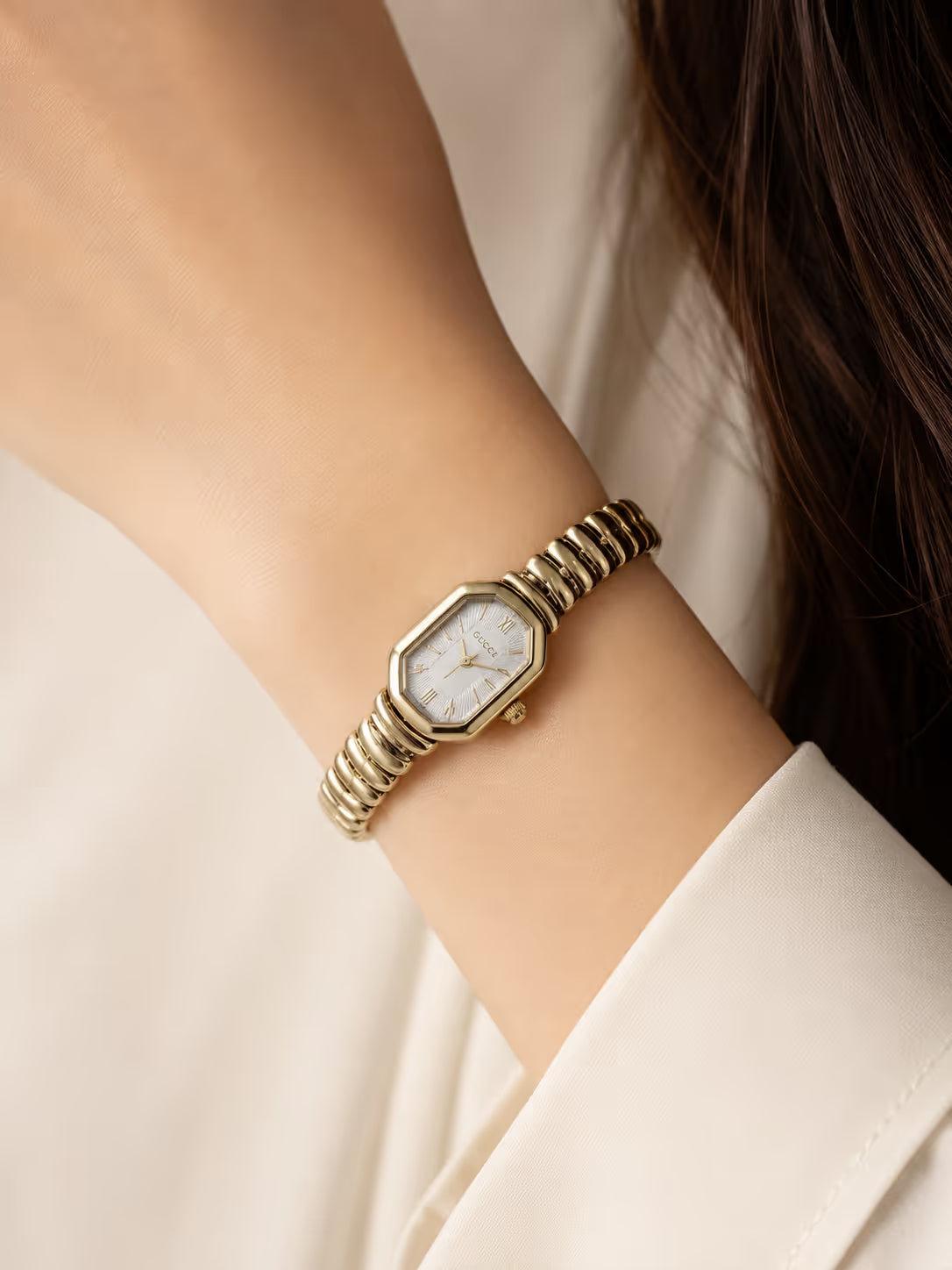 White Dial Gold-Tone Octagon Watch