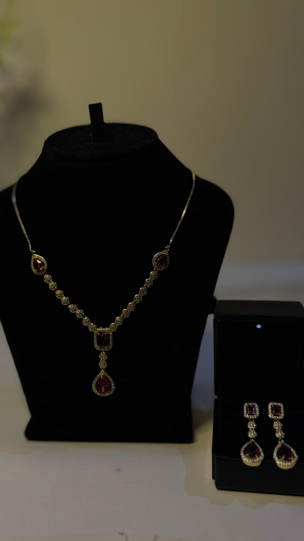 Ruby Red Drop Pendant Necklace & Earring Set - View 4 - Shop Aizel