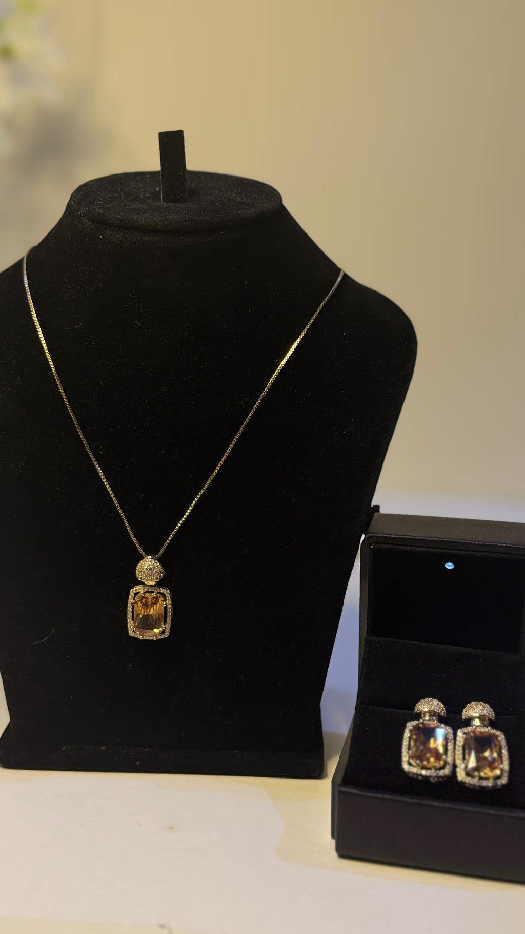 Champagne Citrine Cushion Pendant Necklace & Earring Set - View 5 - Shop Aizel