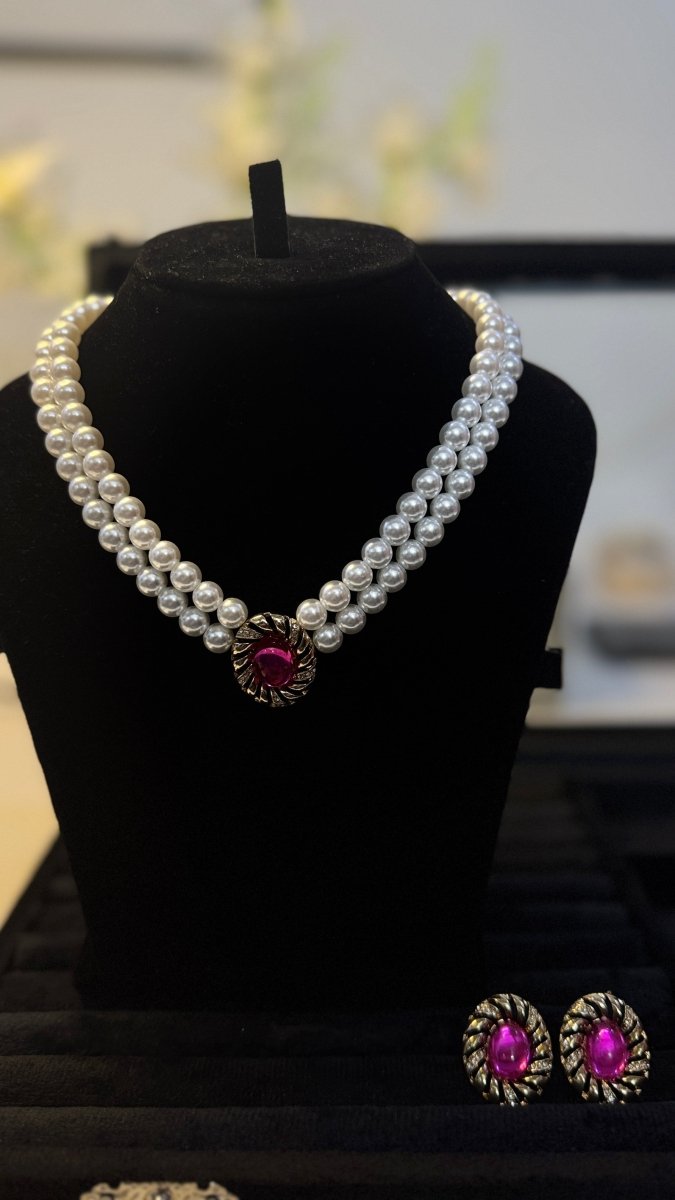 Pearl & Ruby Cabochon Bridal Jewellery Set - Shop Aizel