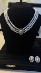 Triple-Strand Pearl Bridal Jewellery Set with Crystal Halo - Shop Aizel