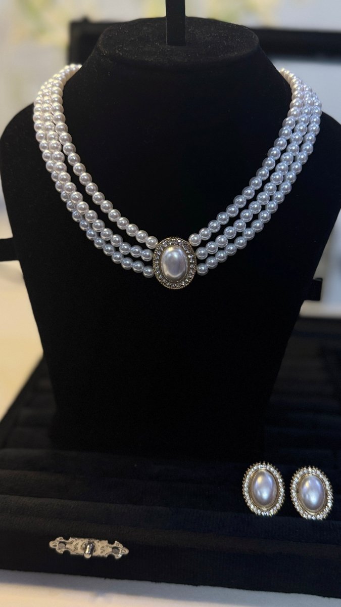 Triple-Strand Pearl Bridal Jewellery Set with Crystal Halo - Shop Aizel